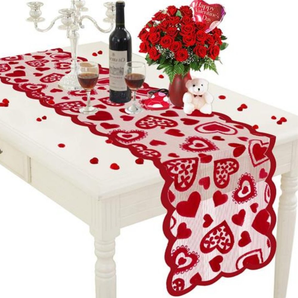 Valentines Day Table Runner Lace Heart Decorative Cloth Farmhouse Cottage Decor